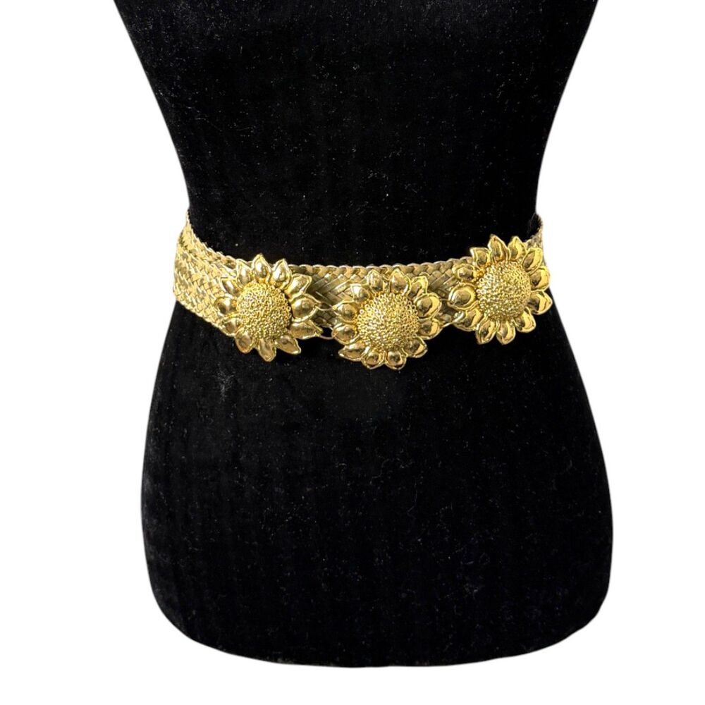 Vintage Gold Tone Sunflower Woven Leather Boho Bohemian Belt One Size